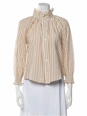 Veronica Beard Beige and White Striped Ruffle-Neck Button Down